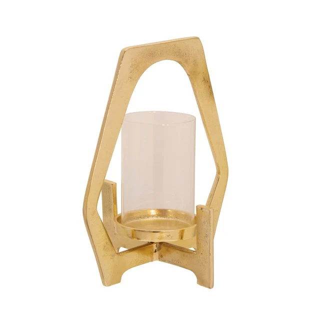 12" Metal Hurricane Candle Holder- Gold