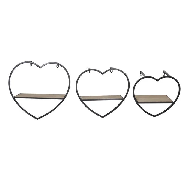 Metal/Wood Heart Wall Shelves Set of 3 - Black/Brown