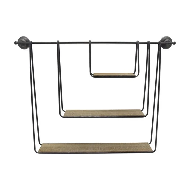 39" x 29" Three-Tier Metal and Wood Hanging Wall Shelf - Black/Brown