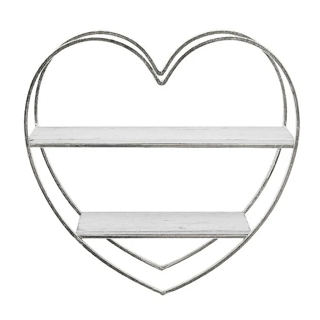 Two-Tier Metal and Wood Heart Wall Shelf - Silver/White