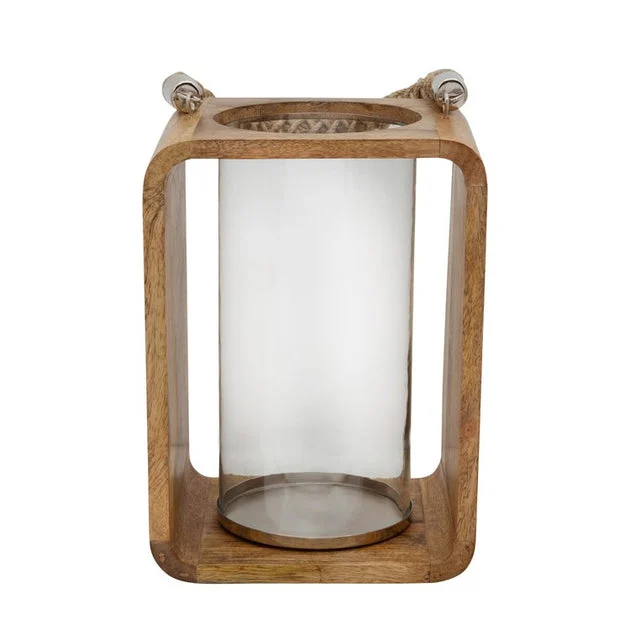 12" Wooden Hurricane Candle Holder with Rope Handle - Natural