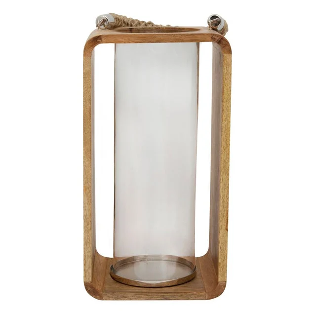 15" Wooden Hurricane Candle Holder with Rope Handle - Natural