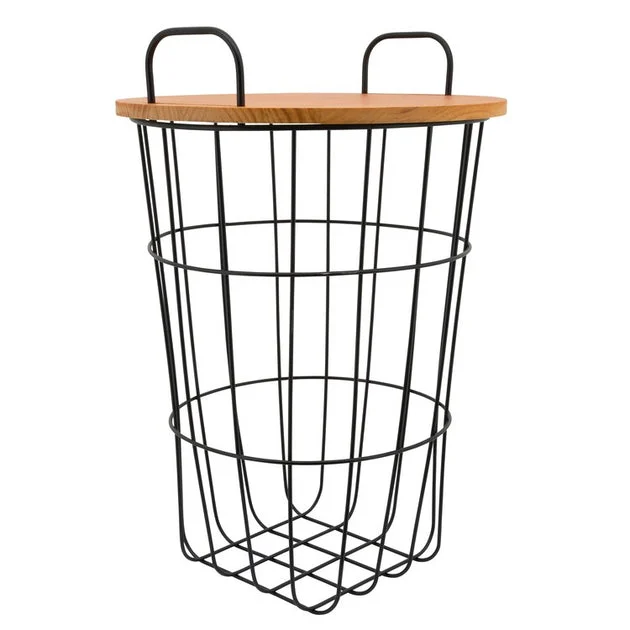 22" Metal Wire Storage Basket with Wood Lid