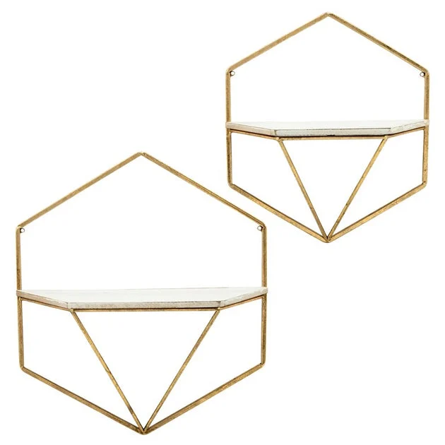 Hexagon Wall Shelves Set of 2 - Gold/White