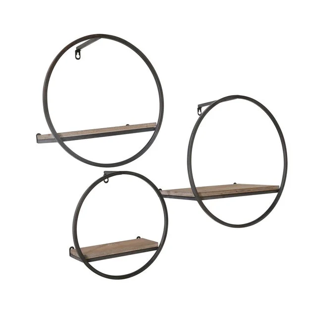 Round Metal and Wood Wall Shelves Set of 3 - Brown