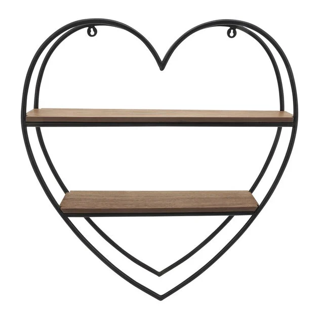 20" Metal/Wood Heart-Shaped Wall Shelf - Black/Brown