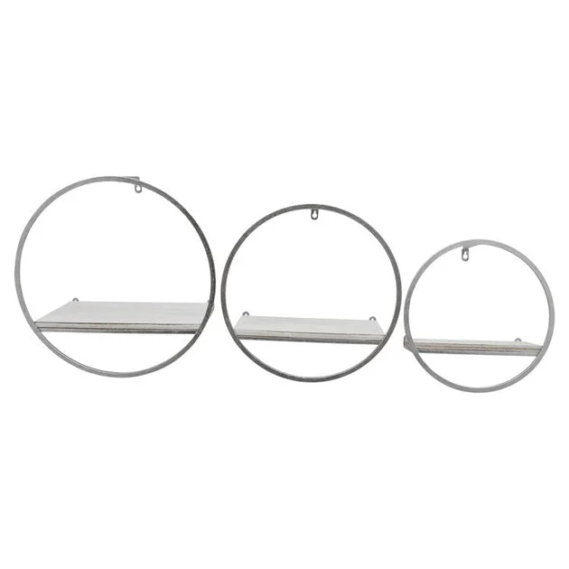 Round Metal and Wood Wall Shelves Set of 3 - White/Silver