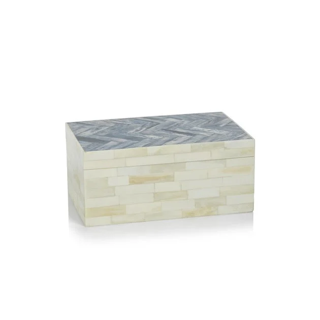 Mahar Bone Box with Blue Herringbone Pattern Lid
