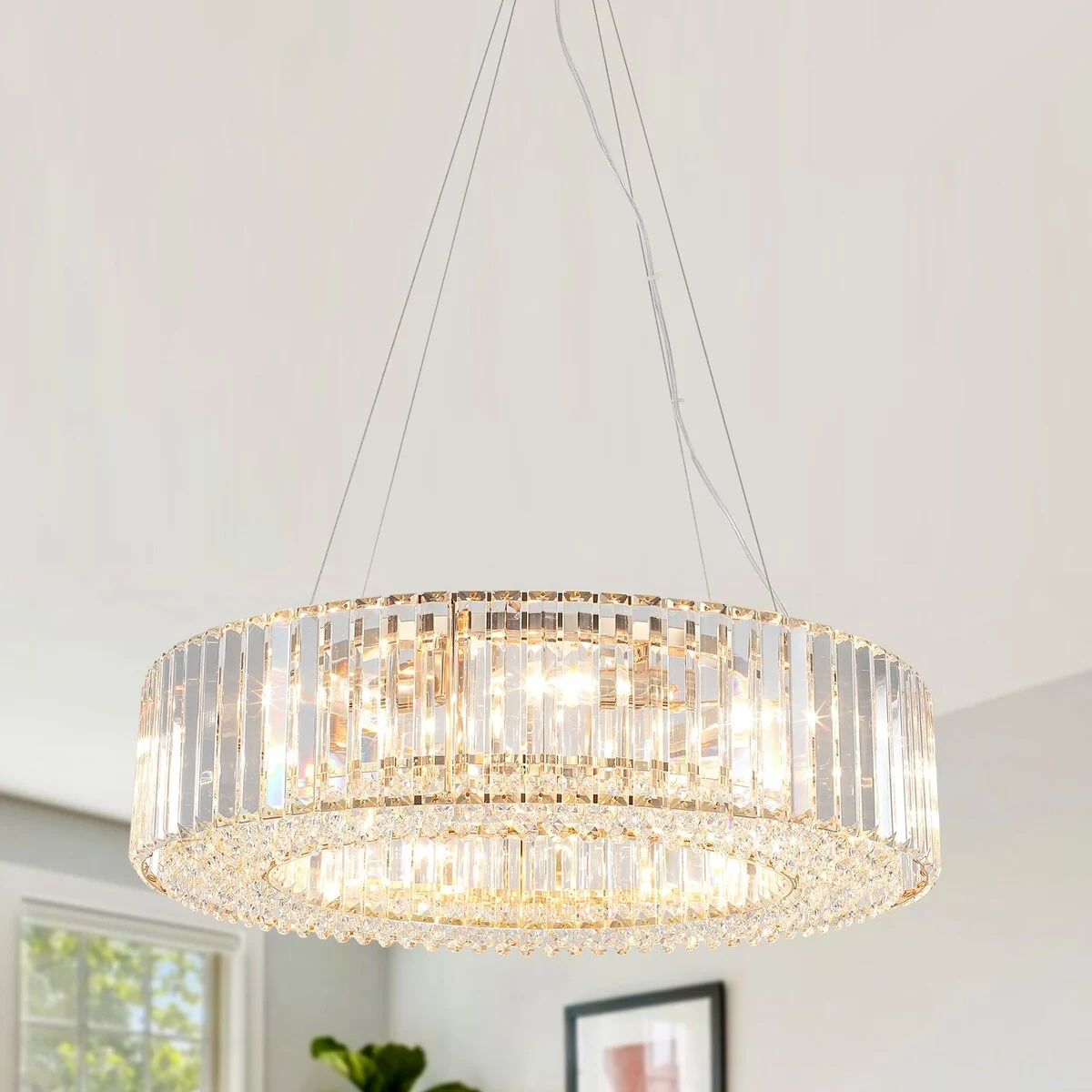 24.8 in. 8-Light Farmhouse Chandelier, Crystal Chandelier, Drum Chandelier for Dining Room Living Room Bedroom Kitchen
