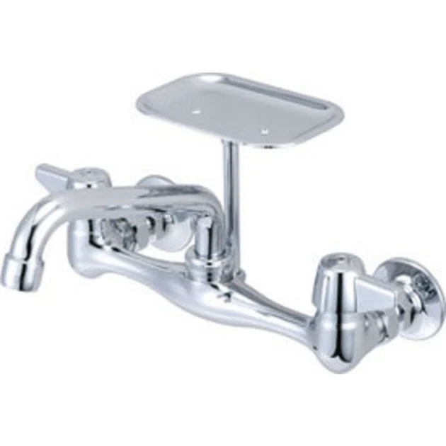 Kitchen Faucet with Soap Dish 8 Inch Spread 2 Lever ADA Polished Chrome Swivel 2 Hole Wall Mount 1.5 Gallons per Minute