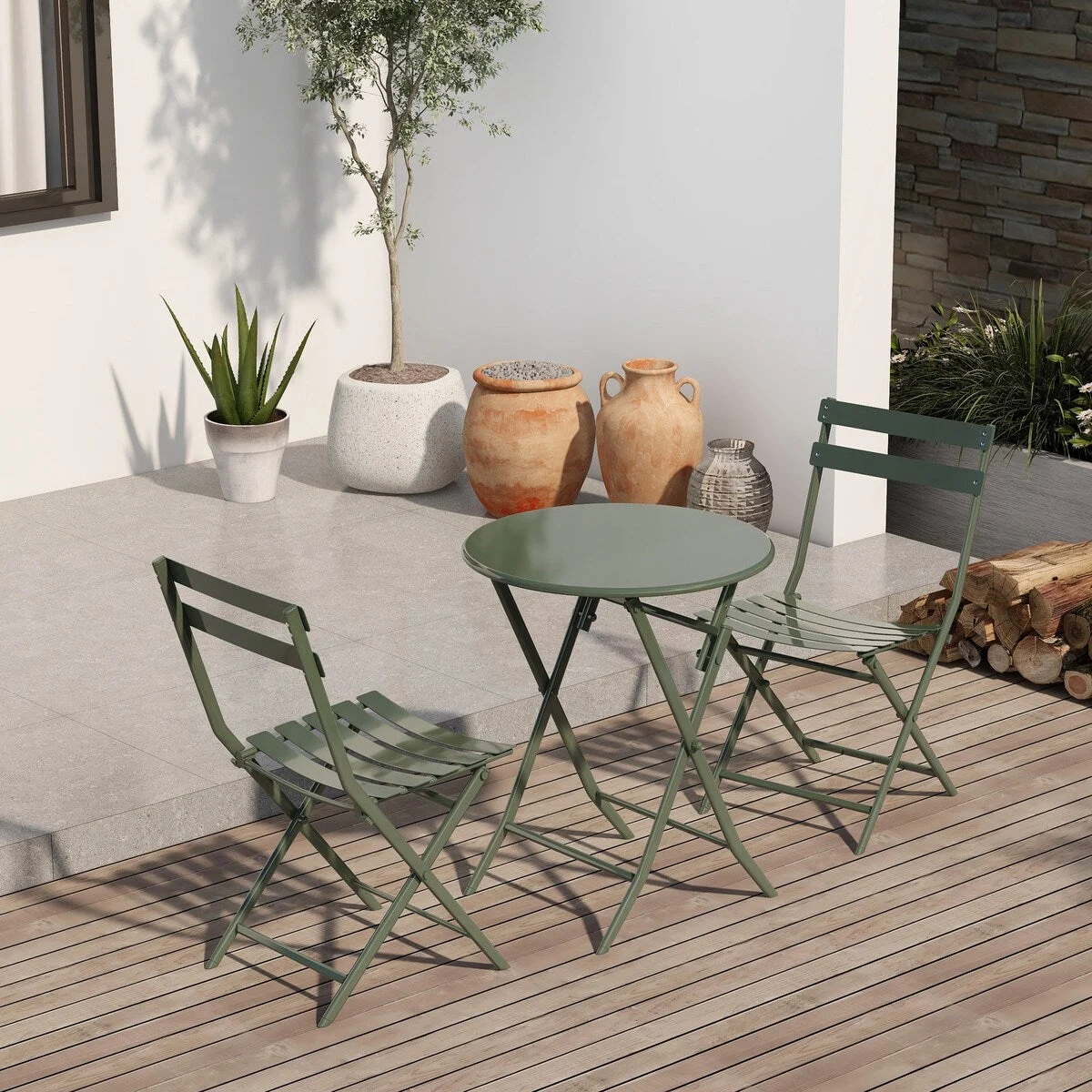 3-Piece Minimalist Patio Bistro Set of Foldable Round Table & Chairs - 3-Piece-Patio-Bistro-Set