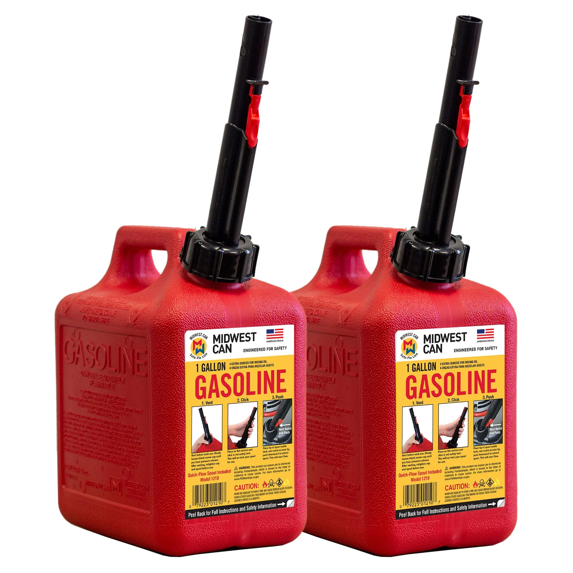 Midwest Can Company 1 Gallon Gas Can Fuel Container Jug with Spout, Red (2 Pack)