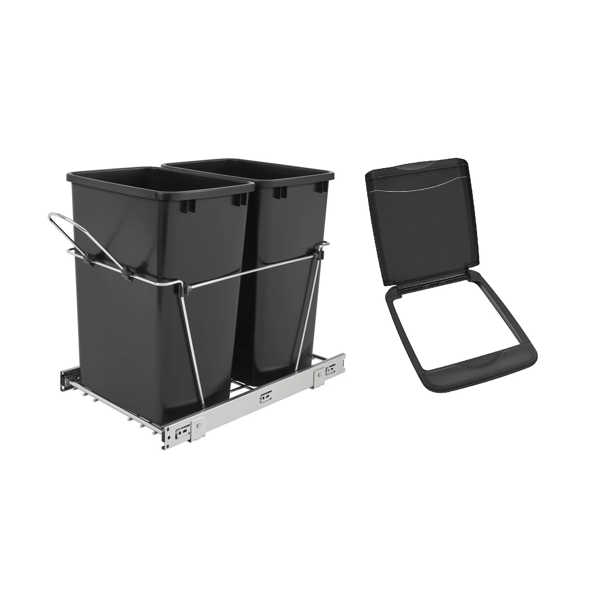 Rev-A-Shelf Double Pullout Trash Can 35 qt & Flip Top Waste Bin Lid