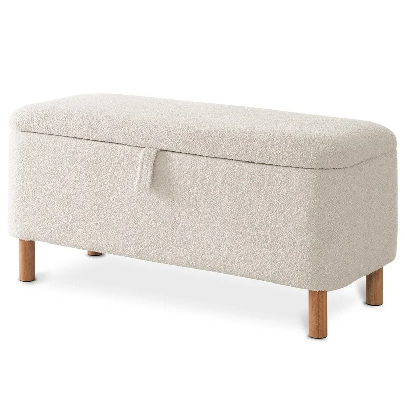 39.5 Off White Boucle Storage Ottoman Bench Sherpa Storage Bench Ottoman Foot Rest End of Bed for Living Room Bedroom,Wood Leg