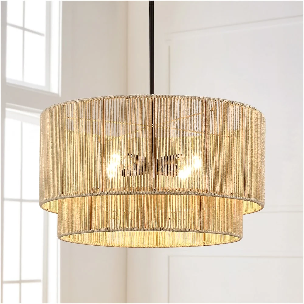 4-Light Rattan Tiered Drum Chandelier Light with Black Canopy - 22'' W