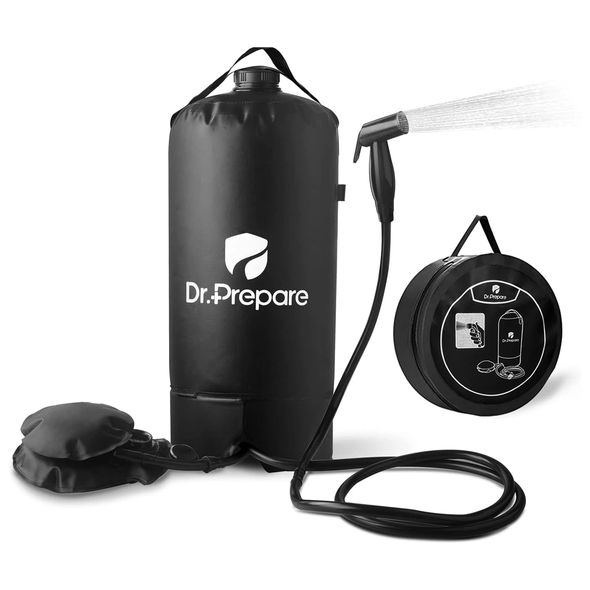 Dr. Prepare Portable Camping Shower with Foot Pump & Press-Type Nozzle, 4 Gal, Black