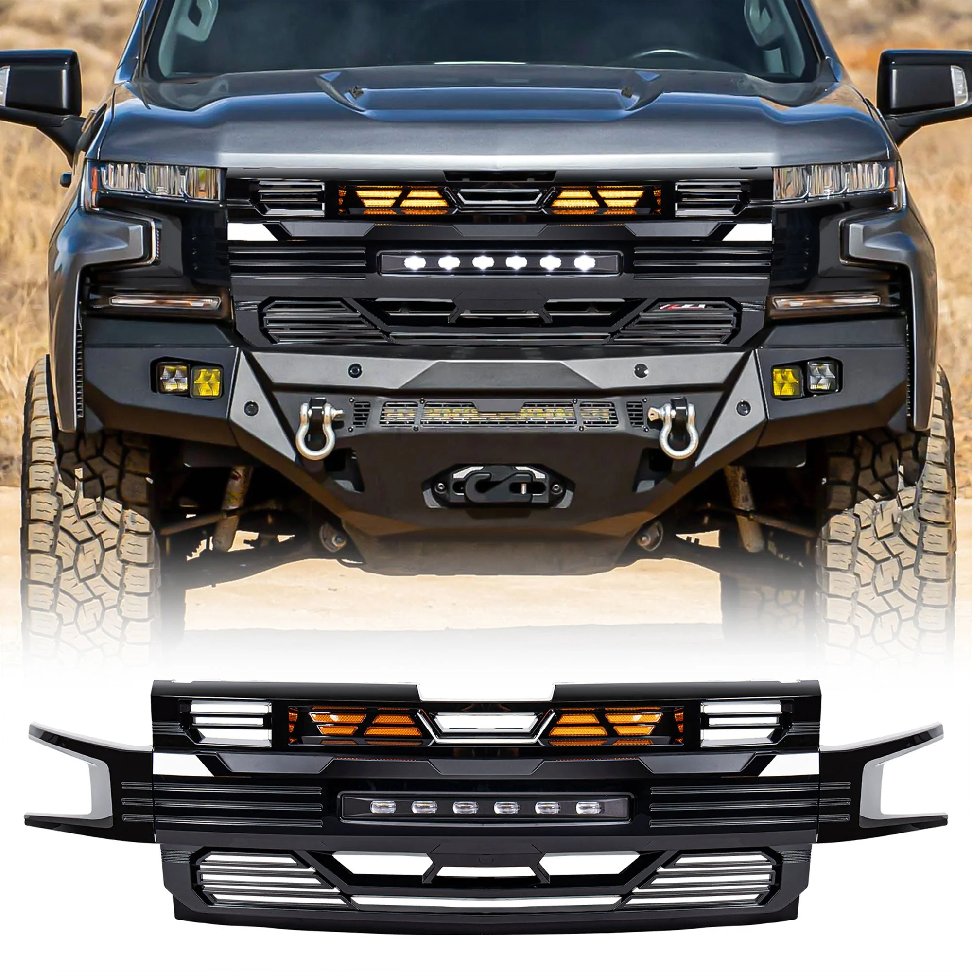 American Modified Armor Grille for 2019-2021 Chevy Silverado 1500, Glossy Black