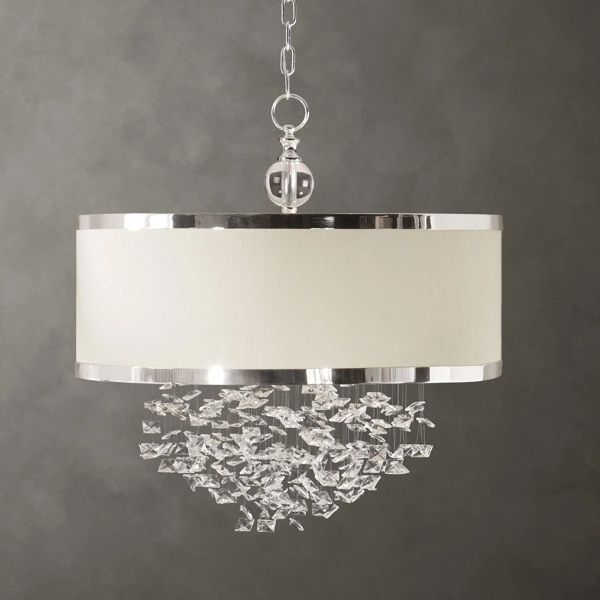 Uttermost Fascination 3-Light Hanging Shade Chandelier – Antique White Linen Drum with Crystal Accents, 22" Wide