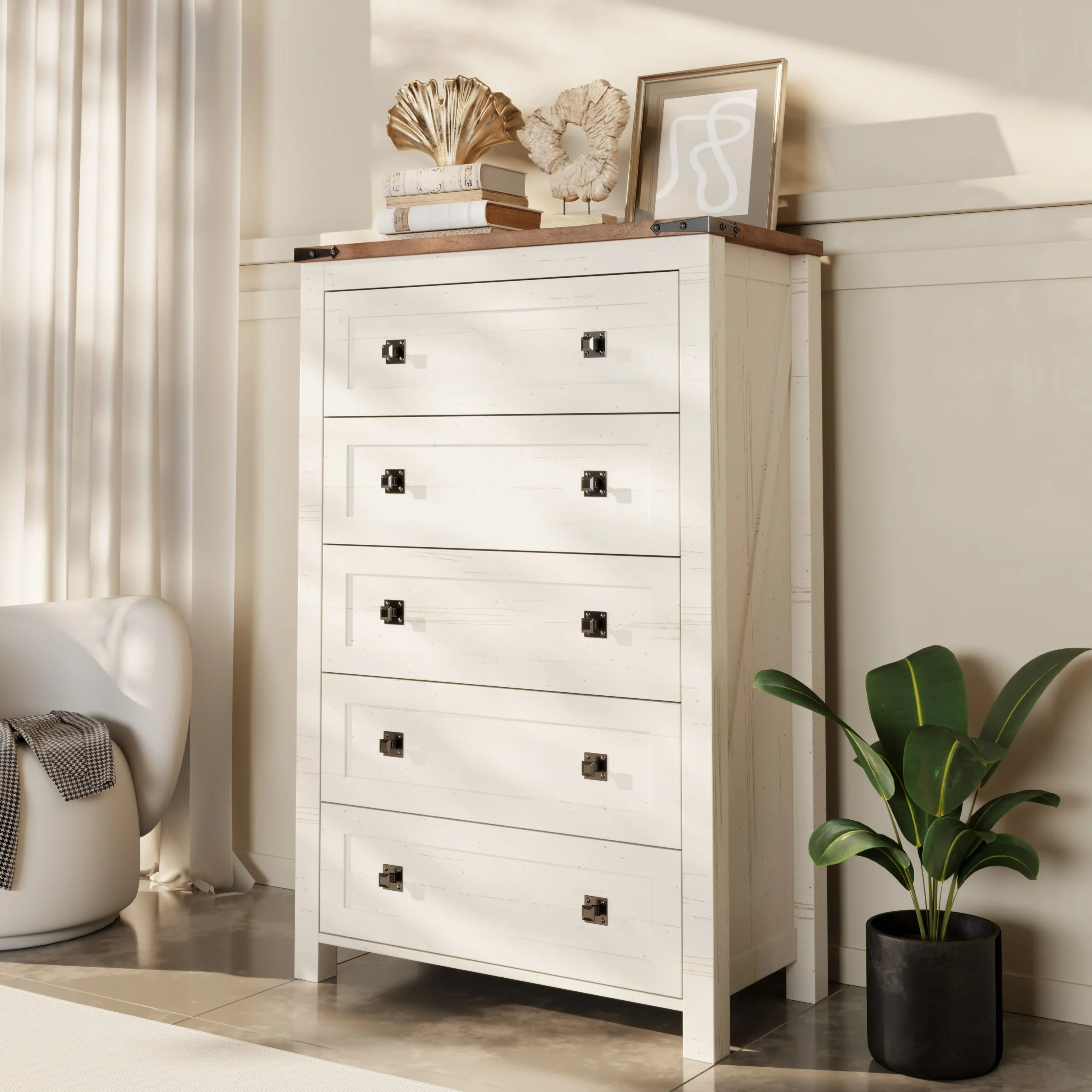 48 Tall Farmhouse 5 Drawer Wood Dresser, Chest of Drawers for Bedroom