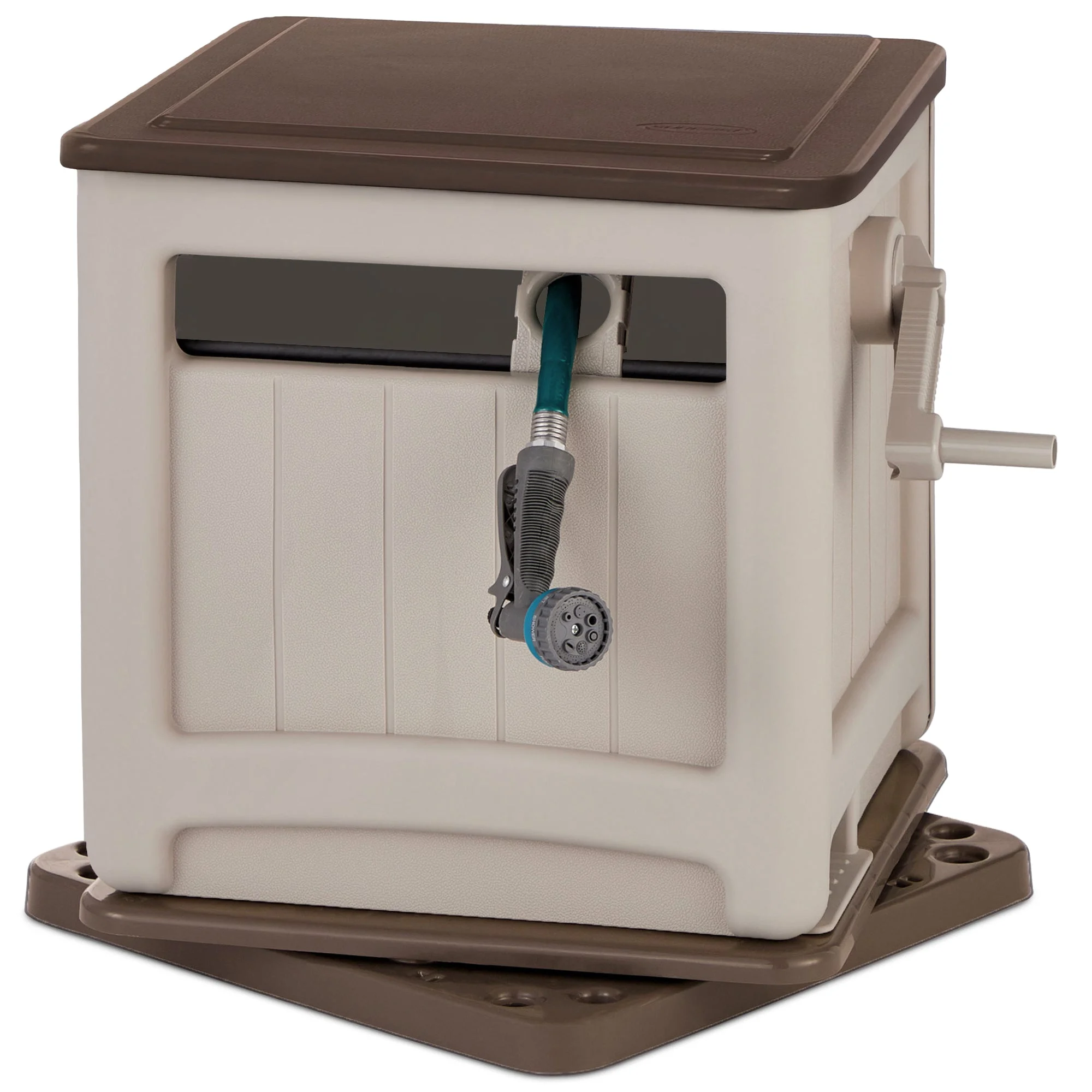 Suncast Swivel Smart Trak Hose Hideaway 225 Foot Hose Reel Storage Bin, Taupe