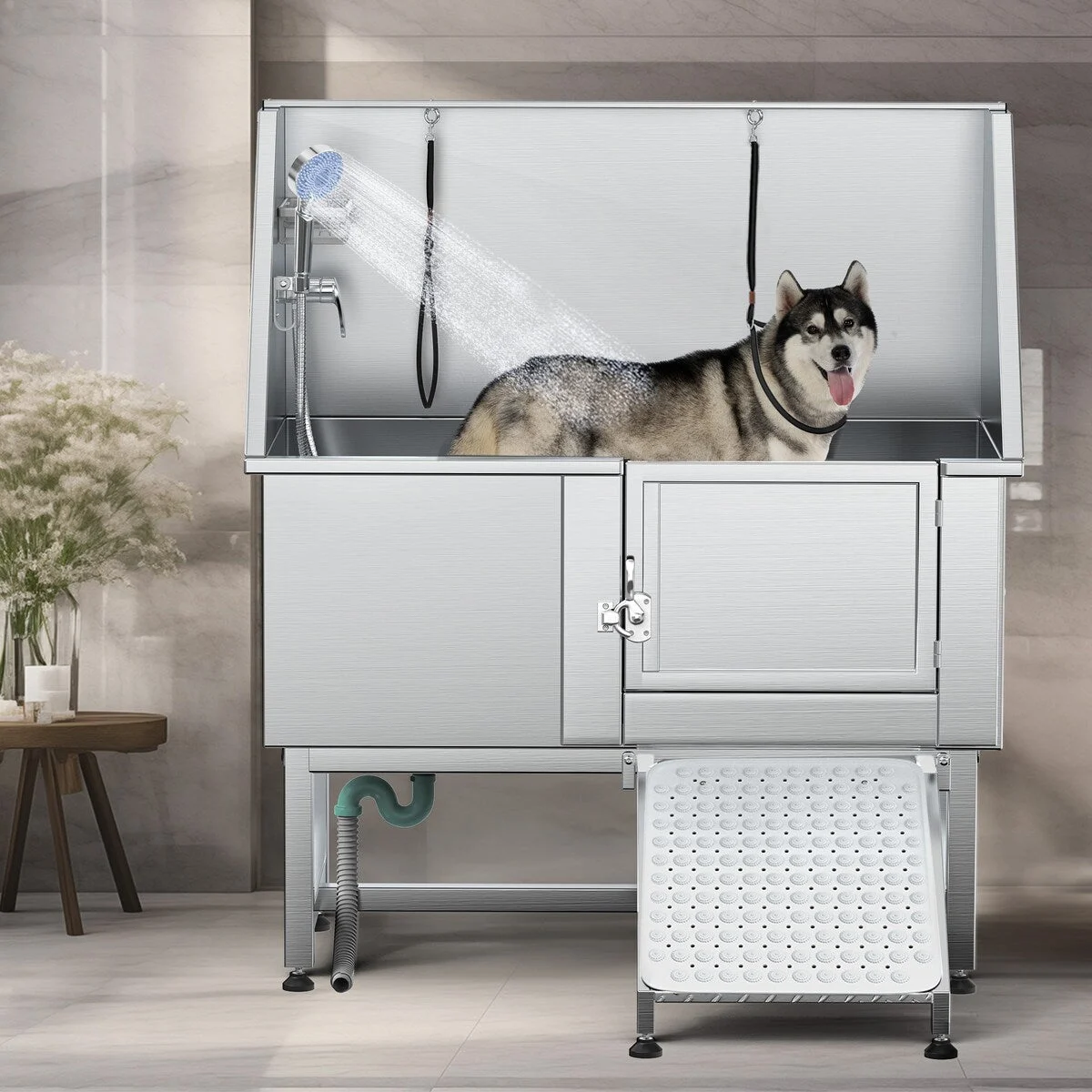 50'' W Stainless Steel Adjustable Pet Grooming Tub with Ramp - Silver