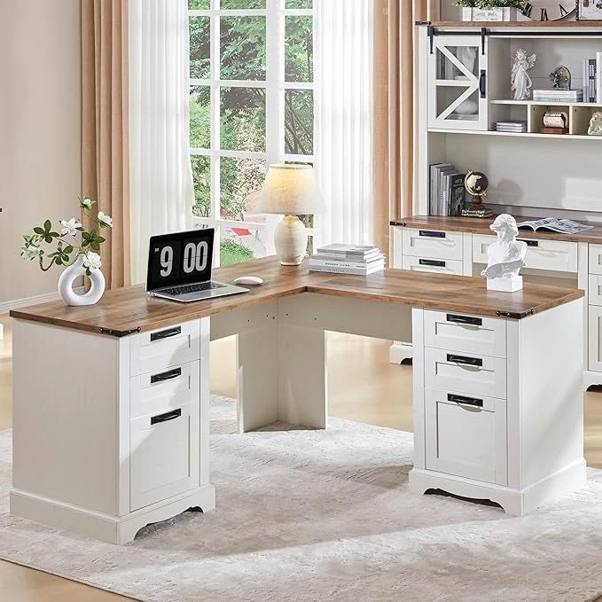 60 Farmhouse L Shaped Executive Desk, Wood Corner Desk, Computer Desk