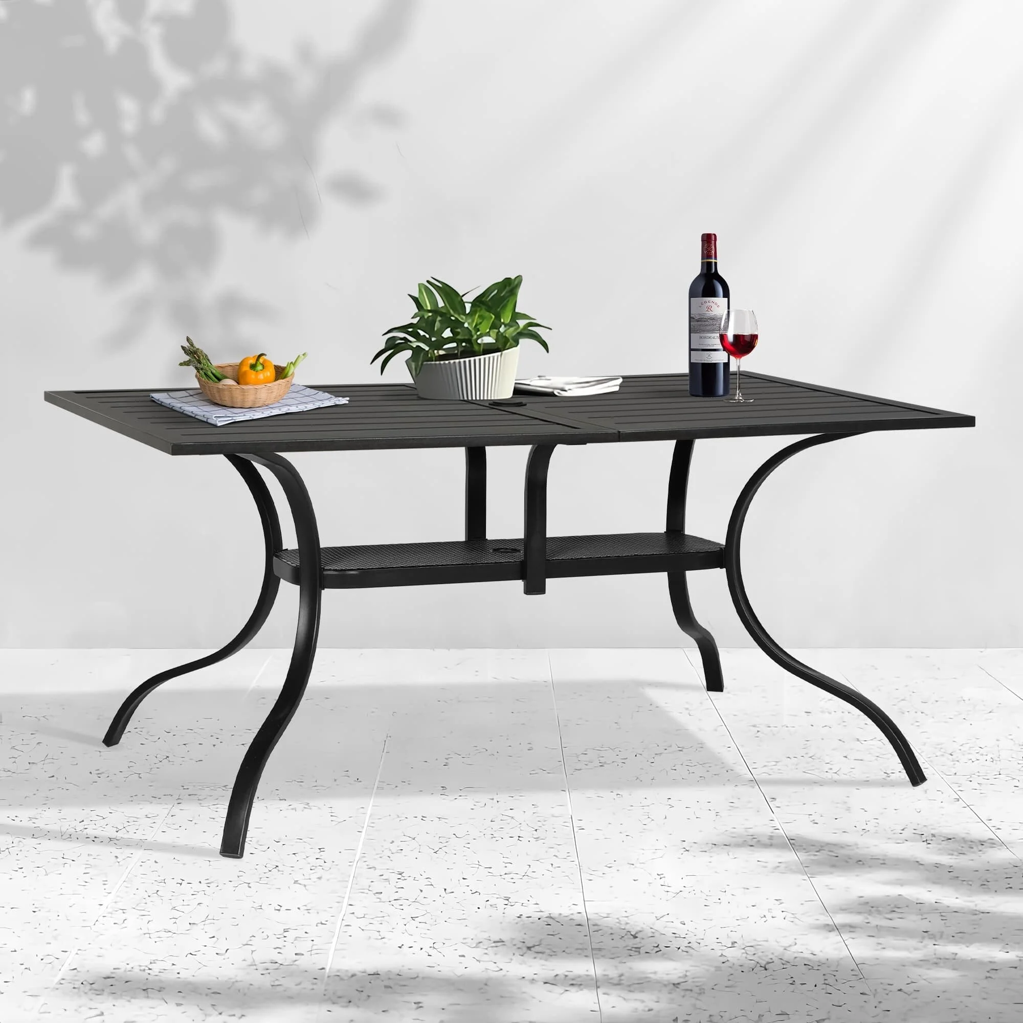 60 x 37 Outdoor Patio Rectangular Metal Slatted Dining Table with Umbrella Hole for 6 Person