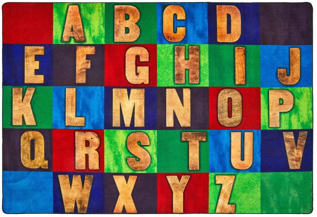 Rustic Alphabet Seating Rectangle Rug with Wood Style Letters for School or Home Learning Spaces