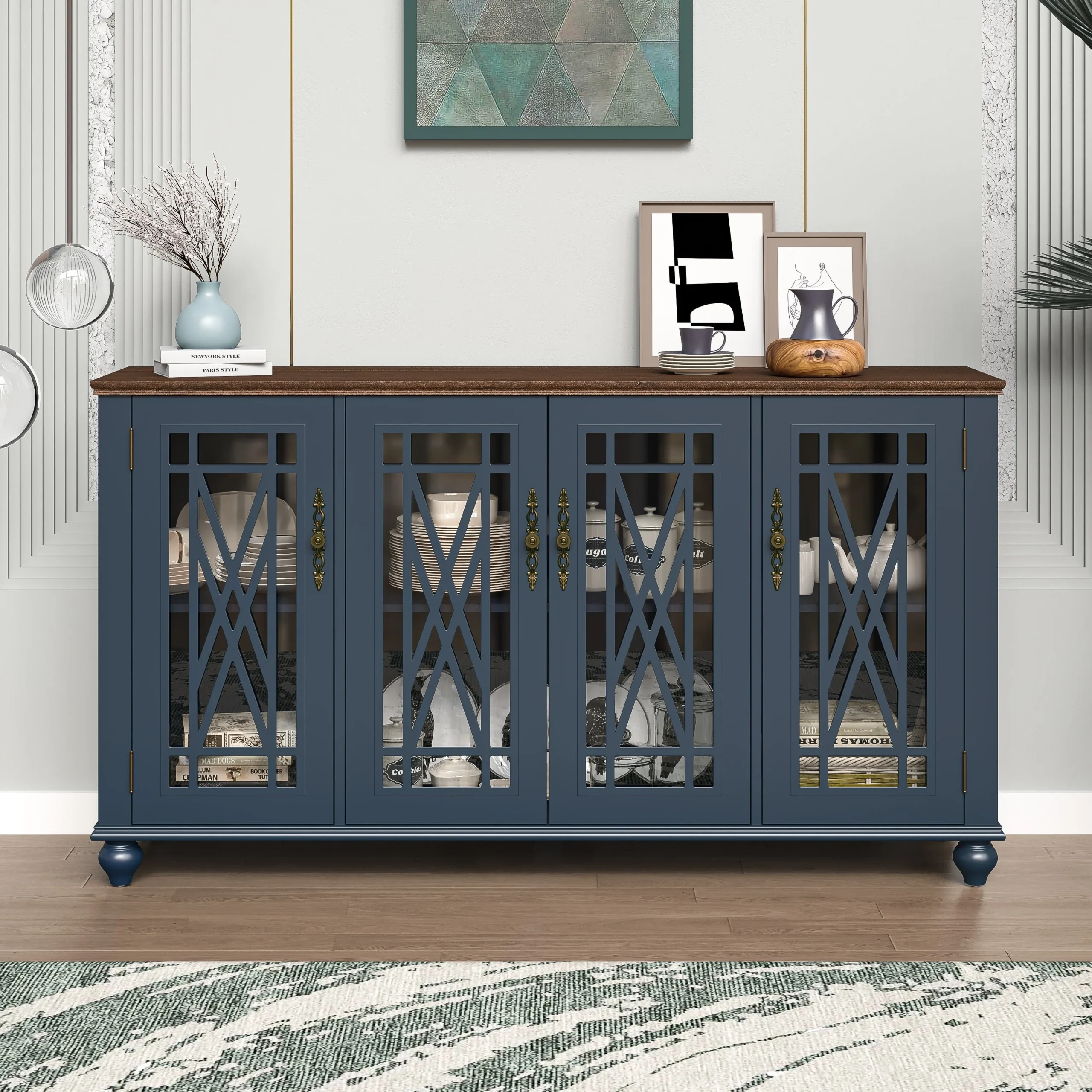 63 Vintage Style Wood Kitchen Accent Buffet Sideboard Cabinet - 63 in Width