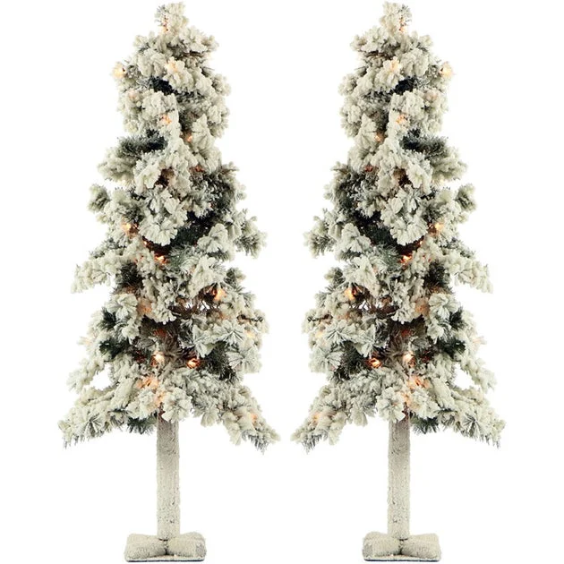 4-Ft. Snowy Alpine Trees with Clear Lights Set of Two