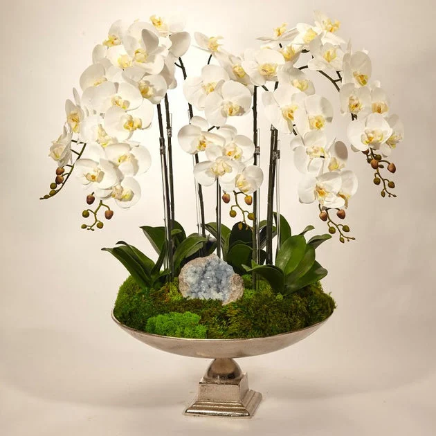 White Orchids and Celestite in Large Silver Urn