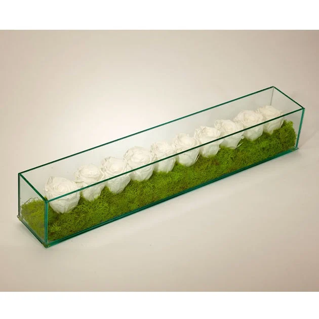 White Preserved Roses in Rectangular Glass Box