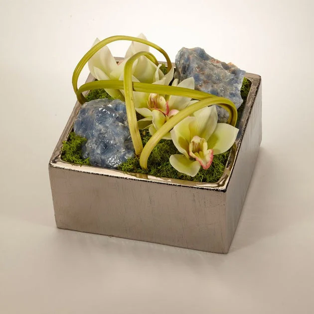 White Orchids with Blue Calcite Geode in Silver Square Container