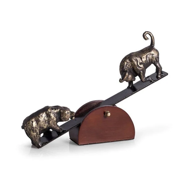 See-Saw Metal Bull and Bear Sculpture with Teak Wood Base