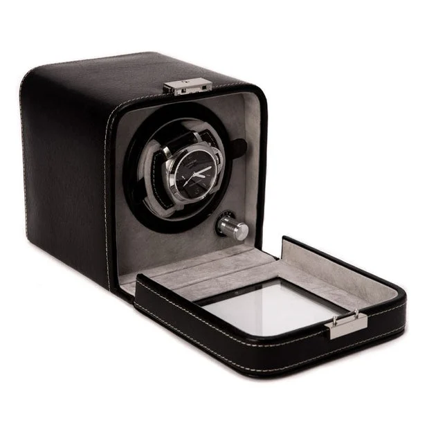 James Leather Single-Watch Winder with See-thru Glass Door and Locking Clasp - Black
