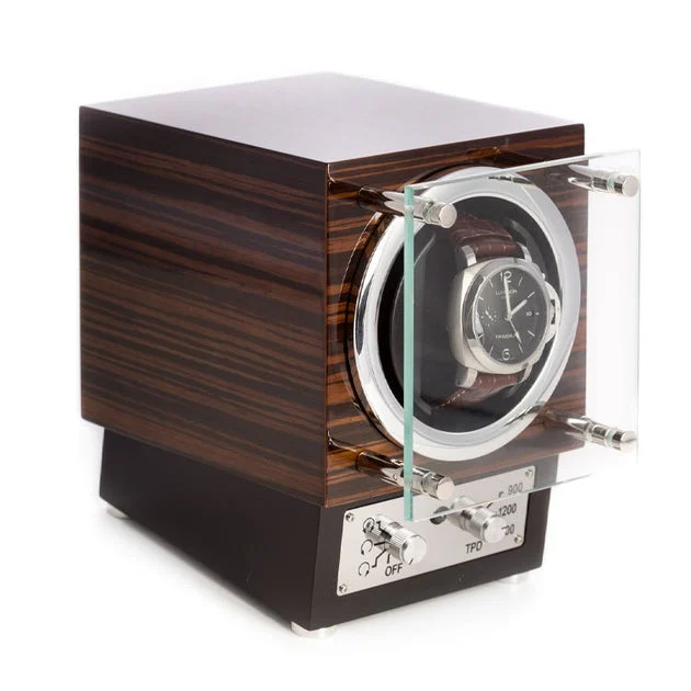Ebony Burlwood Watch Winder with Glass Door and Selectable Winding Mode