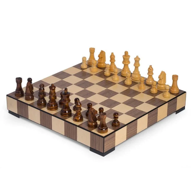 Matte Finish Walnut Inlay Chess and Checkers Set with Storage Drawer