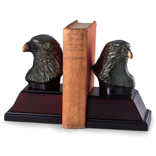 Cast Metal Eagle Bookends with Bronzed Finish on Burl and Black Wood Base Set of 2