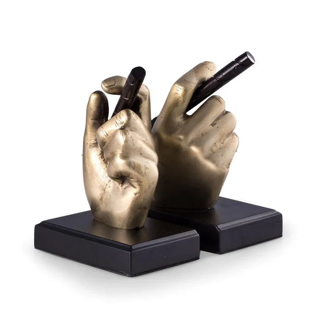 Antique Brass Cigar in Hand Bookends on Black Wood Base Set of 2