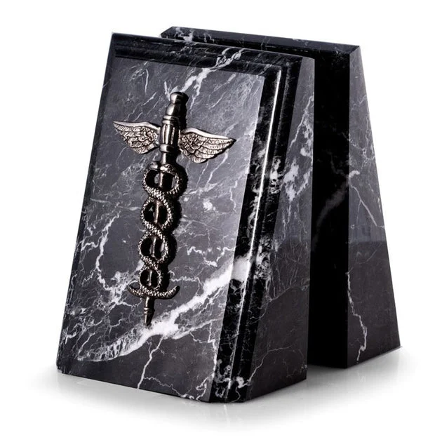 Black Zebra Marble Beveled Wedge Bookends with Antique Silver-Plated Medical Emblem Set of 2