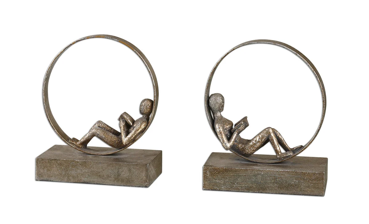 Uttermost Lounging Reader Bookends – Sculptural Silver Leaf Library Decor Set