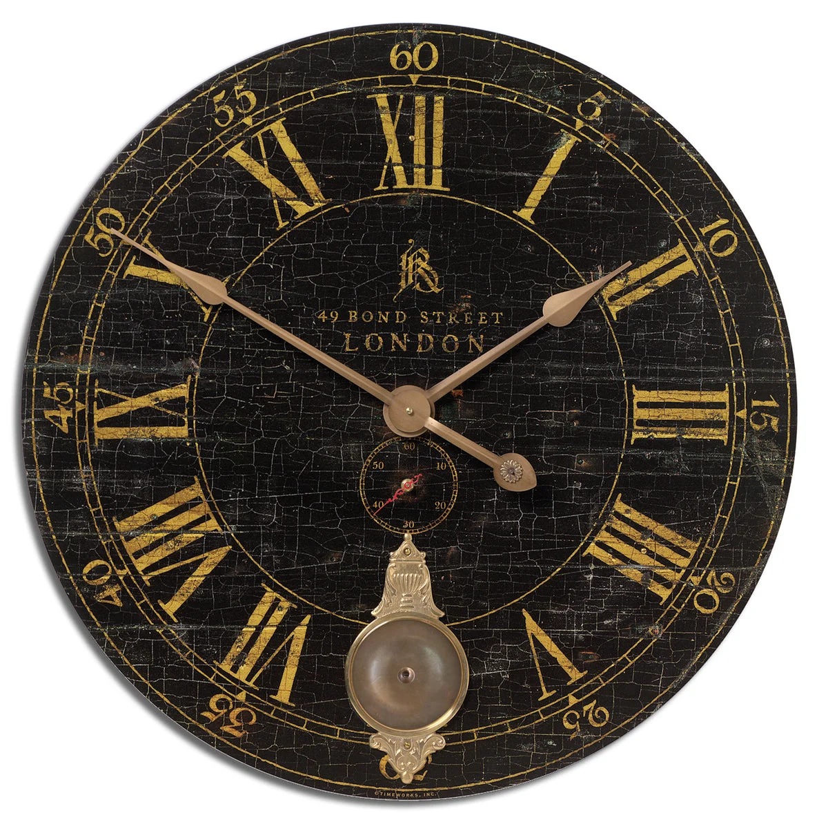Uttermost Bond Street 30" Black Wall Clock – Oversized Roman Numeral Face, Brass & Aluminum Trim, 29.5"x29.5"x2.5"