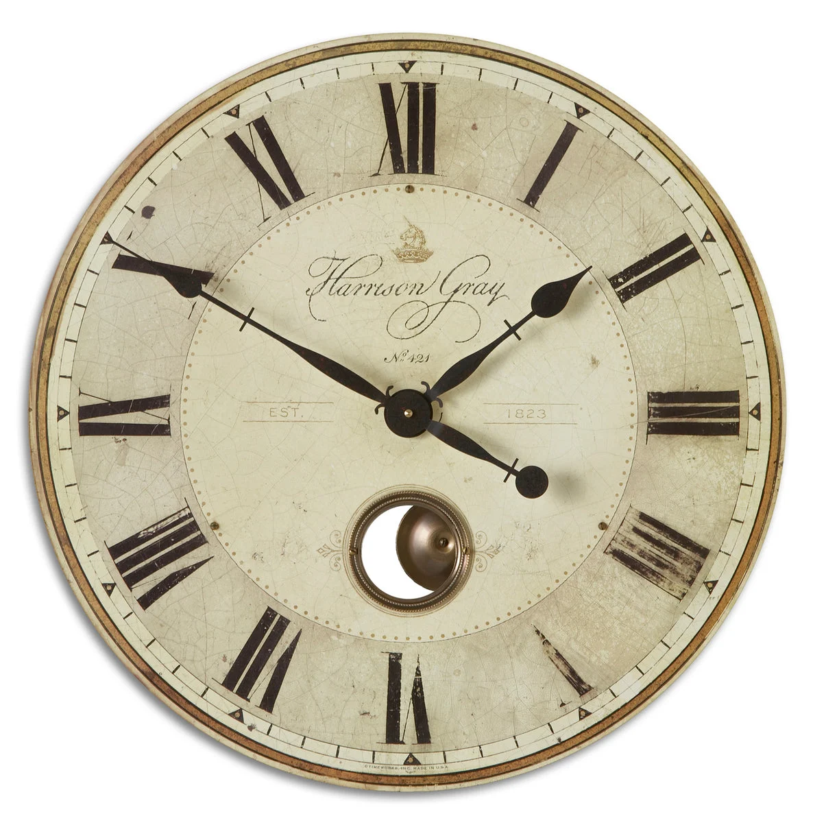 Uttermost Harrison Gray 23" Wall Clock – Round MDF Frame, Aged Brass Details, Industrial Gray Finish, 23"x23"x2"