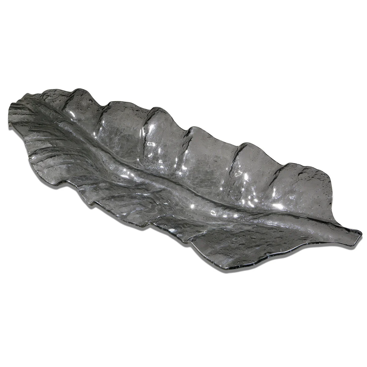 Uttermost Smoked Leaf Glass Decorative Tray – Curved Silhouette in Rich Dark Gray for Tabletop Display