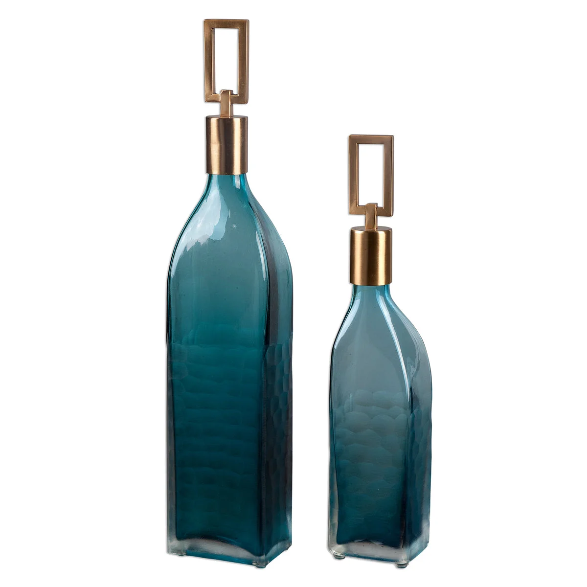 Uttermost Teal Glass Bottles – Annabella Set with Bronze Metal Stoppers