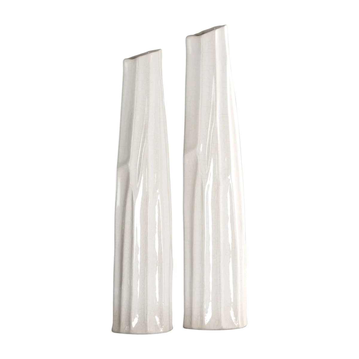 Uttermost Kenley Tall Crackled White Ceramic Vases with Gray Accents – Slim Modern Decorative Vase Pair for Shelves and Mantels Set of 2