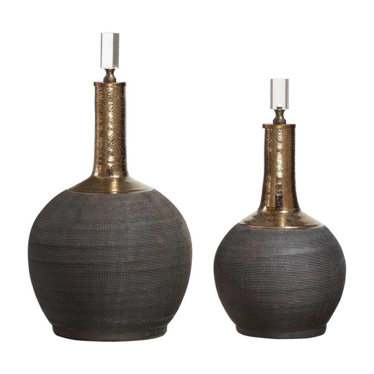 Uttermost Arnav Hand-Scored Matte Black Ceramic Bottles with Gold Neck and Crystal Finials – Decorative Set of 2