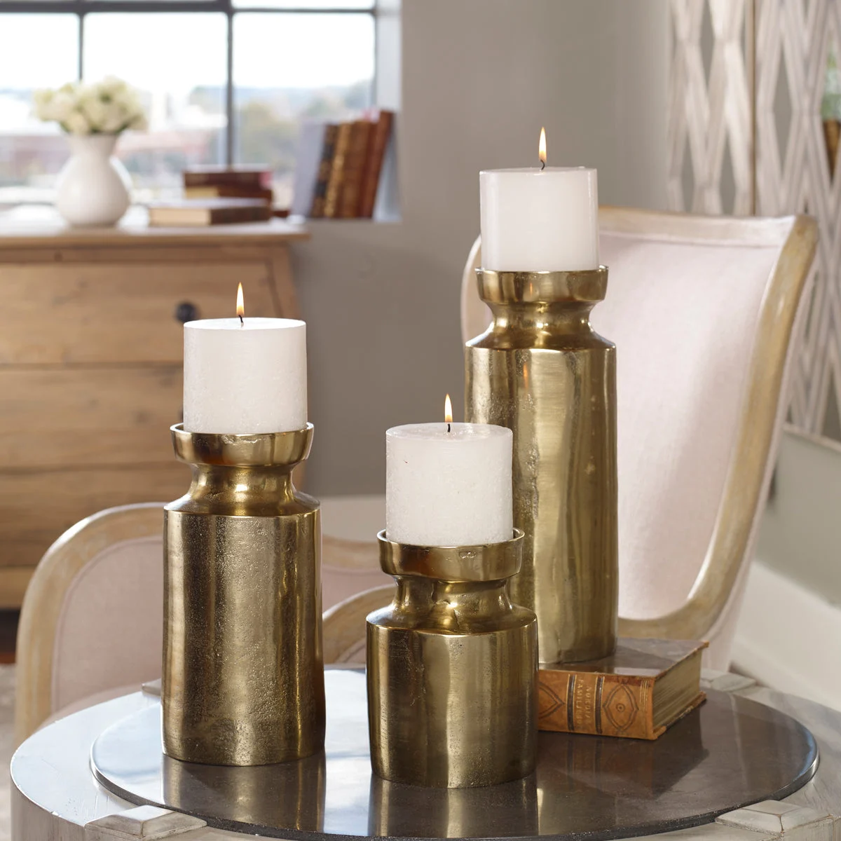 Uttermost Brass Candleholders Set of 3 – Elegant Gold-Toned Metal