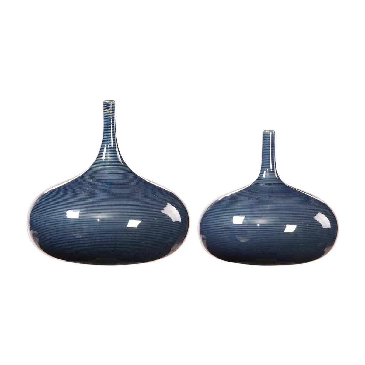 Uttermost 18988 Zayan Blue Ceramic Stem Vases Set of 2 with Spinning Top Pattern in Varying Shapes