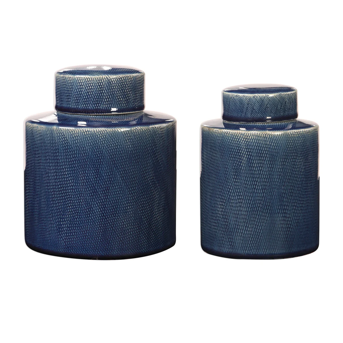 Uttermost 18989 Saniya Set of 2 Sapphire Blue Ceramic Decorative Containers with Geometric Pattern and Lift-Off Lids